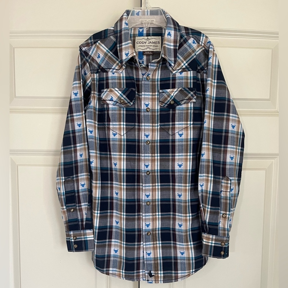 Cody James Bull Dobby Plaid Pearl Snap Western Long Sleeve Shirt Size Small